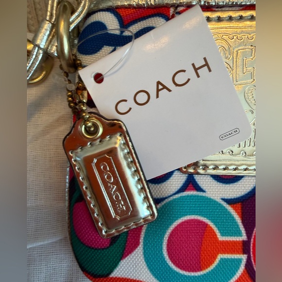 NWT 2009 Coach Poppy Colorful Logo Wristlet with Gold Accents & Coach Dust bag